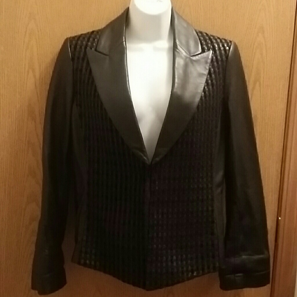 Black Leather Basket Weave Blazer Sz 8